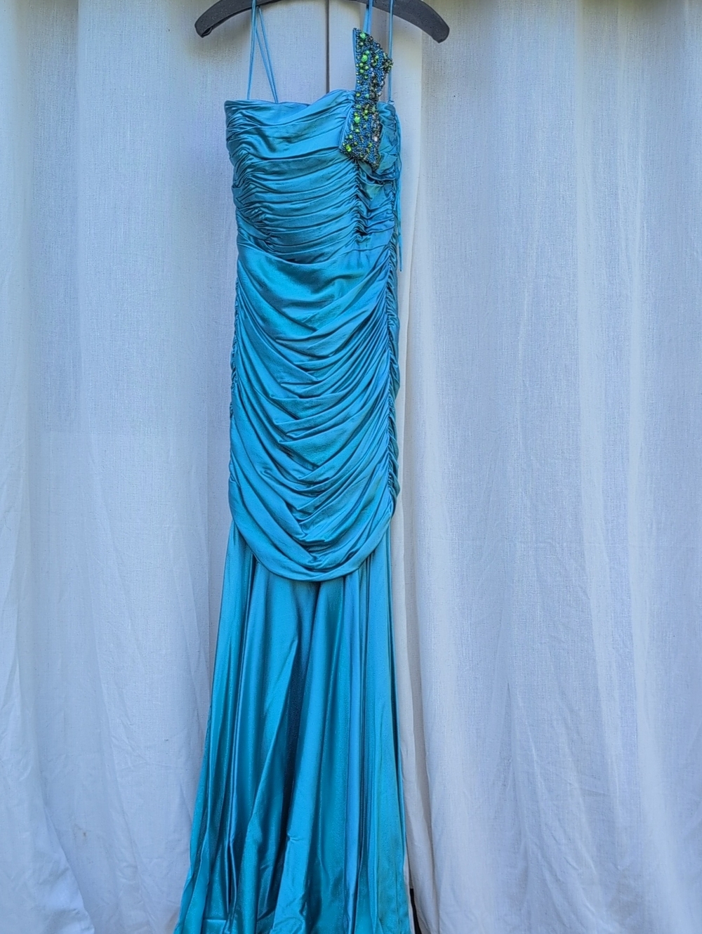 Jovani 155788 Turquoise One-Shoulder Ruched Satin Evening Gown with Beaded Bow